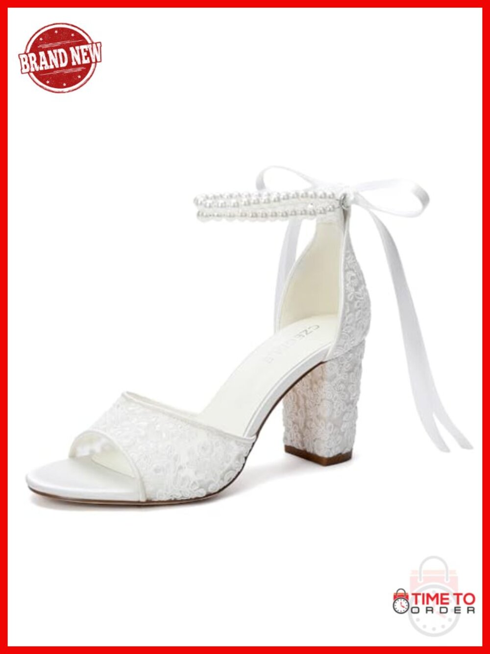 Lace Wedding Sandals with Pearl Ankle Strap Block Heel Open Toe Bridal Shoes